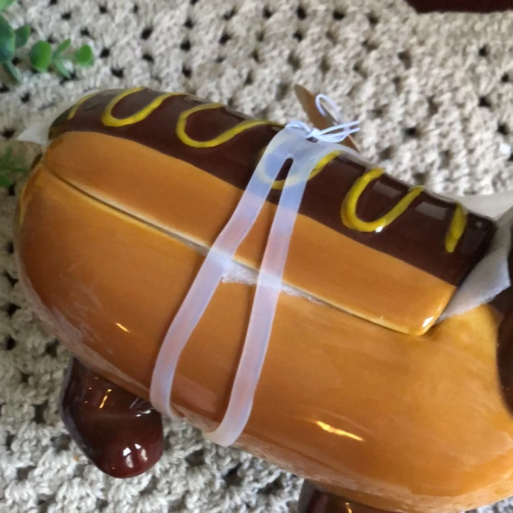 Dachshund Hot Dog Treat Cookie Jar - Brown and Yellow Ceramic